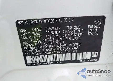2022 Honda Hr-V Awd Lx z USA, uszkodzony, nr VIN 3CZRU6H38NM732839